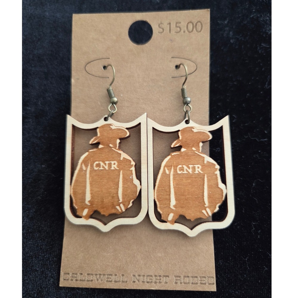 Caldwell Night Rodeo CNR Wood Cowboy Shield Dangle Earrings Brown Tan NEW